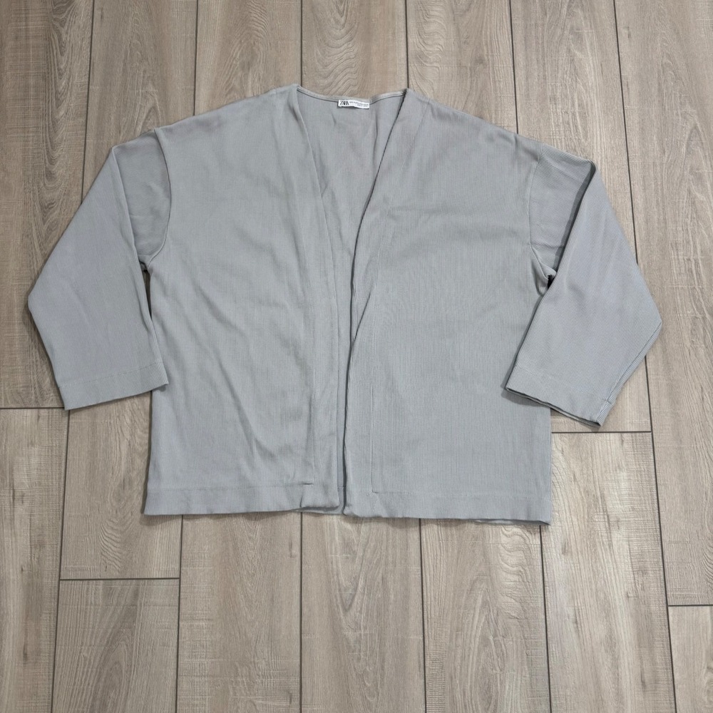 Zara Cardigan Mens XL Grey Ribbed Open Front Pleated Relaxed Fit, Collarless